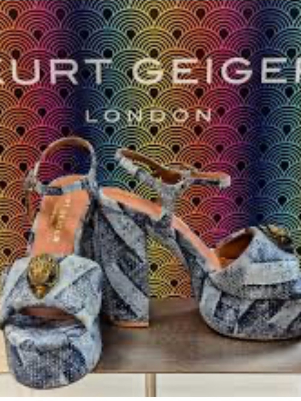 NEW Kurt Geiger Kensington Blue Denim Tall Platform Sandals Gold Bird shoes sz 8 - Picture 2 of 14